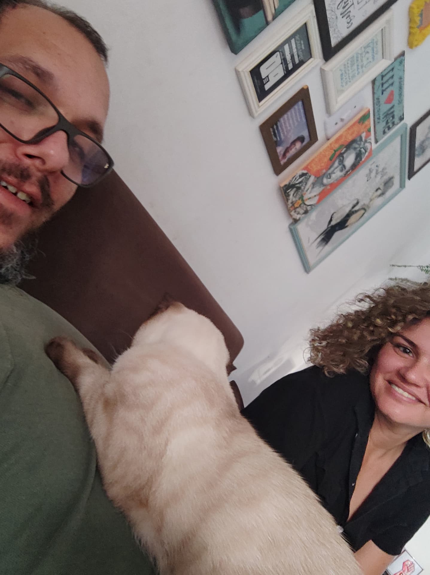 Selfie do casal em casa com o gato branco subindo no colo dele